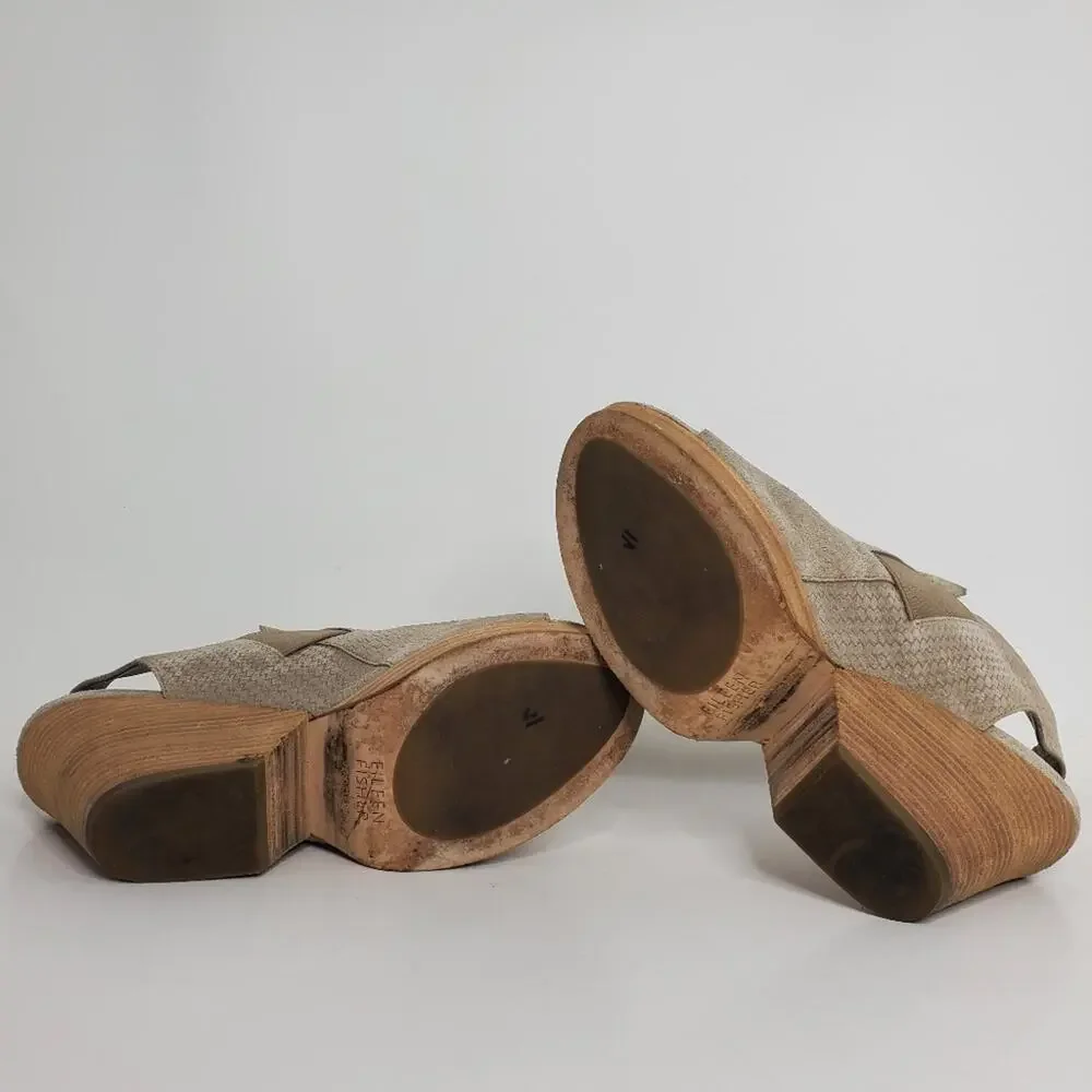 Eileen Fisher Peep toe leather stacked heels Size 9.5 Great condition